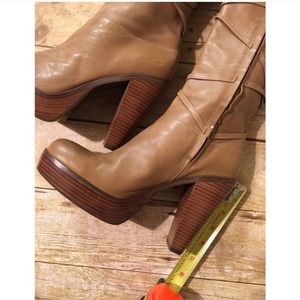 Tan Leather OTK Platform Stacked Strappy Boots